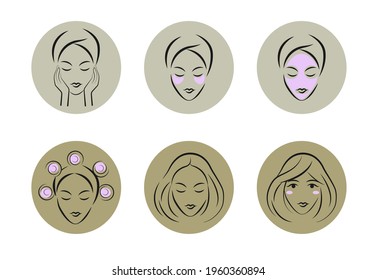 Isolated icon set of daily beauty routine in line art. Skin care, hair style, cosmetics procedures illustrations on green background. 