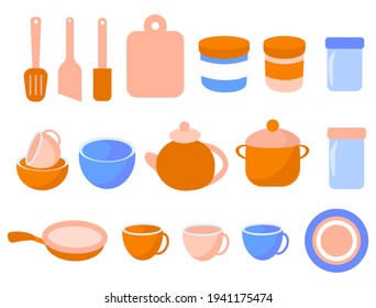 Isolated icon set kitchen tools orange and blue colored vector flat objects cooking design element pan cup pot kettle board bank plate