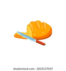 Isolated icon of sliced wheat hot bread, fresh loaf with crispy crust. Flour food for breakfast, lunch or dinner. Flat cartoon vector illustration for menu, bakery, logo or labels.