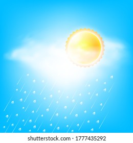 Isolated icon of sun and storm clouds with rain in blue sky. Vector abstract background.