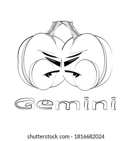 Isolated icon and text on white background. Coloring. Cartoon zodiac sign Gemini. Monochrome vector illustration. Lettering of the word "Gemini".