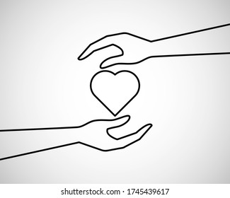  Isolated icon of two hands heart protect; Heart care, love protect concept illustration. Symbol of care, love, charity.