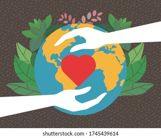 Isolated icon of two hands protect our green world; Heart care, heart protect, love protect concept illustration. Symbol of caring for the beautiful world, love, charity.