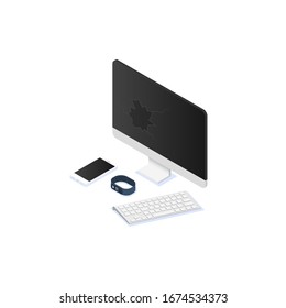 Icono aislado de residuos de dispositivos digitales en fondo blanco. Ilustración isométrica vectorial.