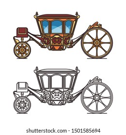 Isolated icon of wedding chariot or medieval royal carriage. Berlinda Da Casa Real or old stagecoach or brougham vehicle, landau or dormeuse transport or perth-cart, victorian cab for marriage