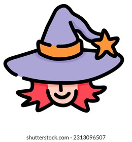 isolated icon of witch in hat in vector.design element for halloween.characters in flat style.minimal icons for web site stickers app.