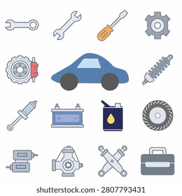 Isolated icons of common tools and hardware items including wrench screwdriver hammer drill pliers and more