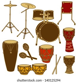 Isolated icons of drum kit and African percussion