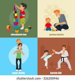 isolated icons: educational toys, gaming together, supper daddy, karate kid. vector illustration.