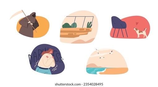 Isolated Icons or Elements with Human Fears. Female Character Afraid of Darkness, Death, Height, Dog, and Swim in Water