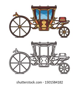 Isolated icons for fairytale carriage or princess, queen chariot, wedding buggy or marriage waggon, retro stagecoach and vintage dormeuse, classic clarence and victorian wagon, perth-cart