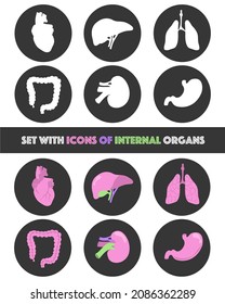 Isolated Icons with internal organs in vector illustration. Lungs, heart, liver, stomach, guts, kidney. Colorful and black and white. Medicine, clinic, hospital, social media, online, health.