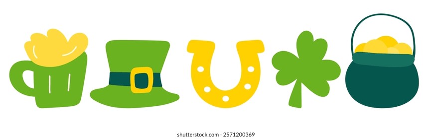 Isolated icons. Saint Patrick's day. Flat design. Hand drawn illustrations on white background.