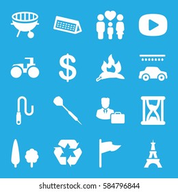 isolated icons set. Set of 16 isolated filled icons such as chili, Eiffel Tower, Coin, car wash, tractor, recycle, family, bbq, wire, tree, male consultant   with case, dart