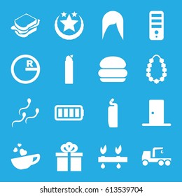 Isolated icons set. set of 16 isolated filled icons such as woman hairstyle, cleanser, CPU, truck with hook, sandwich, cup with heart, sperm, gift, garland, ful battery, door