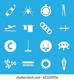 Isolated icons set. set of 16 isolated filled icons such as spider, plane taking off, cloth hanging, clean brush, pliers, showing tongue emot, rake, sun, remote control