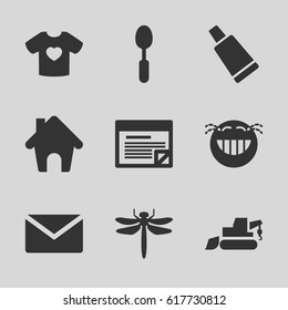 Isolated icons set. set of 9 isolated filled icons such as dragonfly, cream tube, excavator, laughing emot, spoon, t-shirt with heart, home, plan