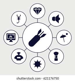 Isolated icons set. set of 9 isolated filled icons such as scorpion, perfume, shaving brush, x-ray on display, lamp, umbrella, sun, rocket bomb