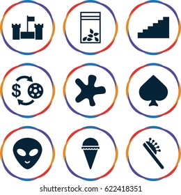 Isolated icons set. set of 9 isolated filled icons such as hair brush, Spades, Casino chip and money, splash, alien head, ice cream, seed bag, stairs
