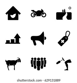 Isolated icons set. set of 9 isolated filled icons such as goat, medical cross tag, knee hammer reaction check, eco house, motorbike, graph, landscape, megaphone