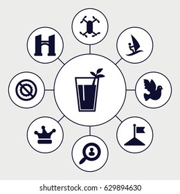 Isolated icons set. set of 9 isolated filled icons such as bridge, flag, no brightness, crown, cocktail, user search, surfing, axle with propeller