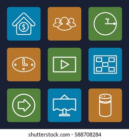 isolated icons set. Set of 9 isolated outline icons such as arrow right, pepper, group, photo, play, house sale, restaurant table, wall clock