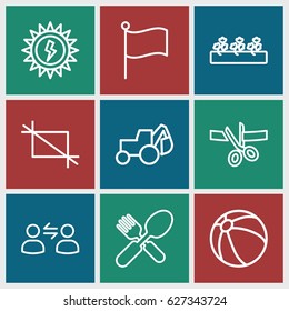 Isolated icons set. set of 9 isolated outline icons such as beach ball, excavator, fork and spoon, sprout plants, crop, user communicatrion, sun battery, scissors and ribbon