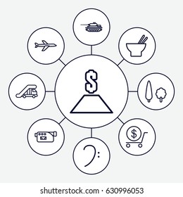 Isolated icons set. set of 9 isolated outline icons such as truck crane, dollar, asian food, camera, bass clef, tree, plane