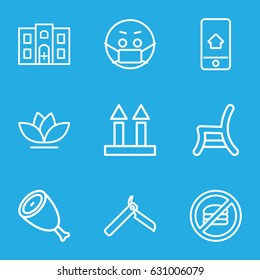 Isolated icons set. set of 9 isolated outline icons such as beef, bllade razor, flower, outdoor chair, cargo arrow up, hospital building, home on phone display, emoji in mask
