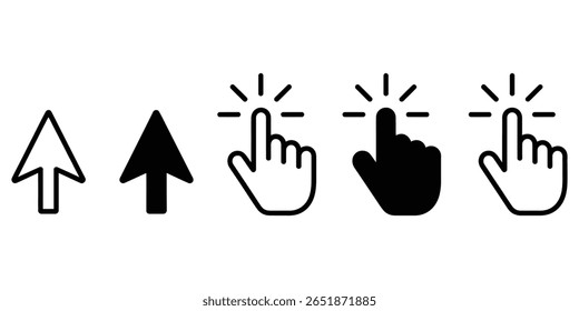 Isolated icons showing a hand clicking, arrows, and a cursor. These icons are in black and white and have transparent backgrounds, making them easy to use.