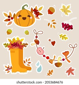 Isolated icons, stickers.Cozy autumn. Set of cute autumn elements: autumn leaves, pumpkin, acorn, maple. Hygge vector illustration.