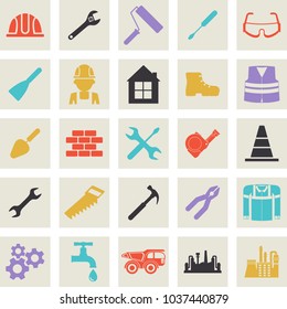 Isolated icons of stoic tools. Set for outdoor and printing advertising, design of construction sites. Flat vector cartoon illustration. Objects isolated on white background.