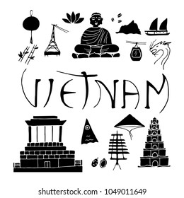 Isolated icons of Vietnam. Hand lettering and doodle elements.
