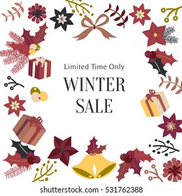 Isolated Illustrated Christmas Elements Set of Gifts, Bells, Ribbons, Flowers, Plants, and Branches, Arranged on Border with Texts Winter Sale
