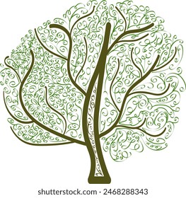 Isolated illustration with abstract spring tree drawing in contour line drawing on transparent background