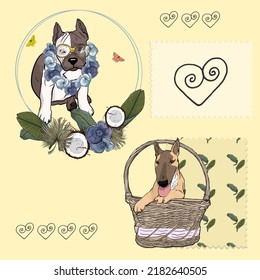 Isolated illustration of American Staffordshire Terrier and Bull Terrier. Tropical flowers and leaves, coconut. Isolated elements, blank for designers, logo, icon