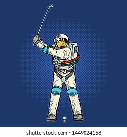 Isolated illustration of the astronaut playing golf. Vector color illustration.