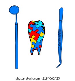 Isolated illustration autism, therapy, dentistry treatment. Tooth in puzzles, dentist tools as a logo, blank for designers, label, dentistry for special children. World Autism Awareness Day. 2 April. 