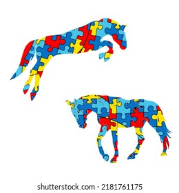 Isolated illustration autism, therapy, AВA. Illustration of horses in puzzles as a blank for designers, logo, icon, social therapy