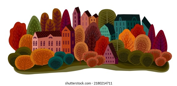 Isolated illustration with autumn town. Vector template for card, poster, flyer, cover and other use.