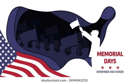 Isolated illustration Background of Memorial Day with flag US nation. flat illustration United State Event of Independen day with isolated soldiers by white background