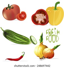 an isolated illustration of a background of a variety of fruits and vegetables, whole and sliced, with seeds and leaves, with a "Fresh food" sign