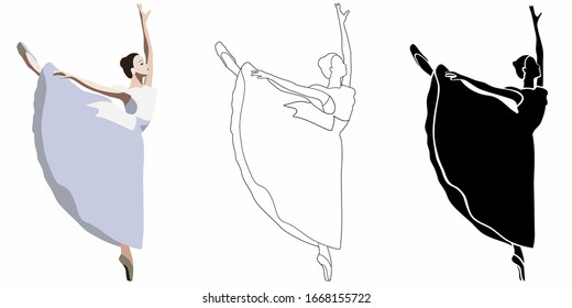 isolated illustration of a ballerina, different variations vector drawing set, white background