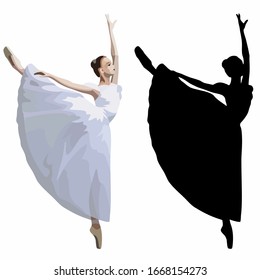 isolated illustration of a ballerina, silhouette and colored vector drawing set, white background