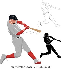 Isolated illustration of a baseball player swinging at on coming ball 