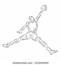 isolated illustration of a basketball player, black and white vector drawing, white background