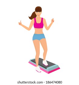 Isolated illustration of Beautiful woman doing aerobic workout with stepper platform