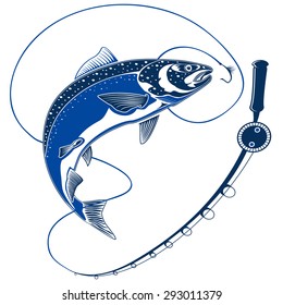 Isolated illustration of big fresh salmon fish in waves with fishing rod. Vector illustration can be used for creating logo and emblem for fishing clubs, prints, web and other crafts.