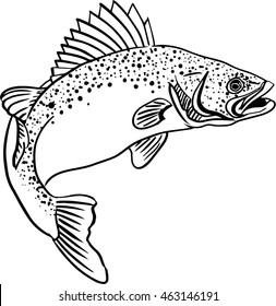 Isolated illustration of big peach fish in waves with fishing rod. Vector illustration can be used for creating logo and emblem for fishing clubs, prints, web and other crafts