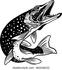 Isolated illustration of big peach fish in waves with fishing rod. Vector illustration can be used for creating logo and emblem for fishing clubs, prints, web and other crafts